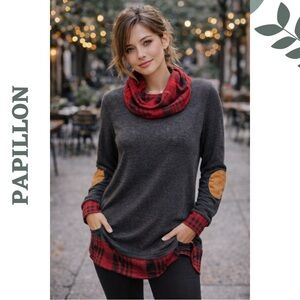 Papillon Plaid Cowl Neck Tunic Sweater Small